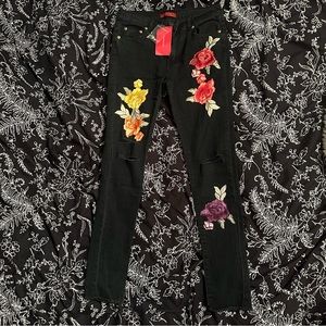 Caffeine Ripped dark jeans with embroidered flowers
